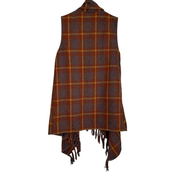 Entro Womens Brown Orange Plaid Wool Blend Long Fringe Sleeveless Vest Small - Picture 7 of 7
